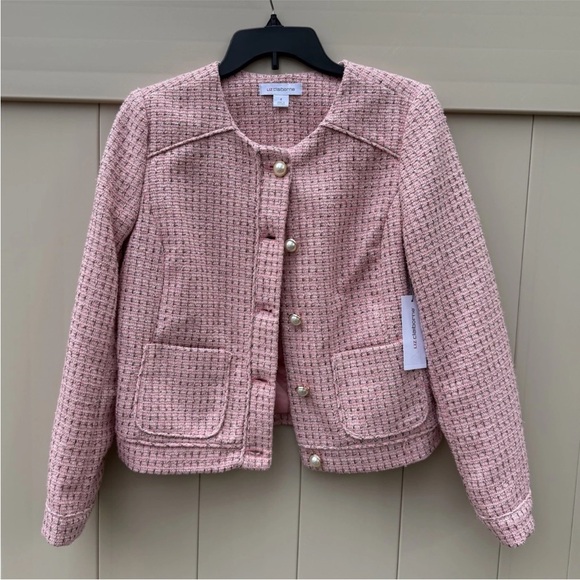 Liz Claiborne Jackets & Blazers - Liz Claiborne Charleston pink blazer jacket faux pearl buttons silver size 4 NWT